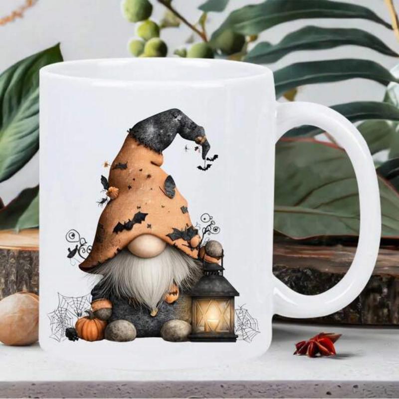 Tailorly White Ceramic 11 oz Mug - Charming Halloween Character Holding A Glowing Lantern Beside A Tiny Pumpkin Gnome