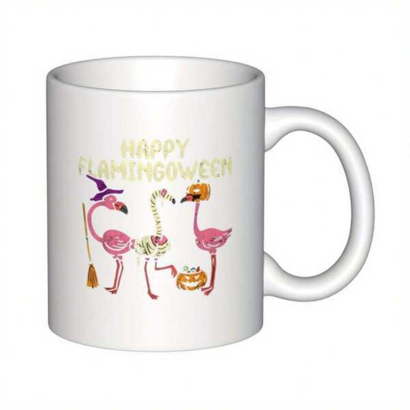 Tailorly White Ceramic 11 oz Mug - Happy Flamingoween Festive Pink Flamingos Wearing Costumes Among Small Pumpkins And Broom Flamingo