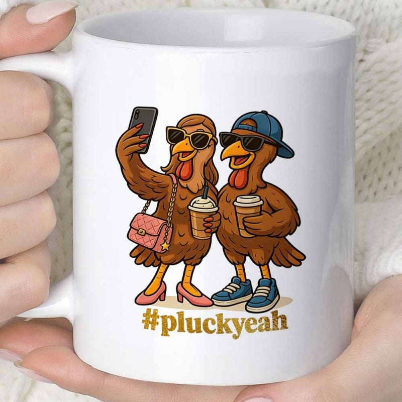 Tailorly White Ceramic 11 oz Mug - Pluckyeah Two Cool Turkeys Taking Selfies And Drinking Coffee In Stylish Outfits Turkey