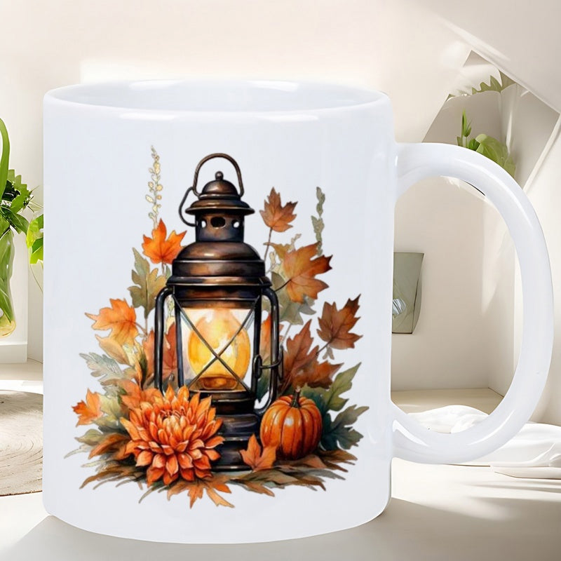 Tailorly White Ceramic 11 oz Mug - Vintage Metal Lantern Glowing Among Vibrant Autumn Leaves And Harvest Pumpkin Lantern