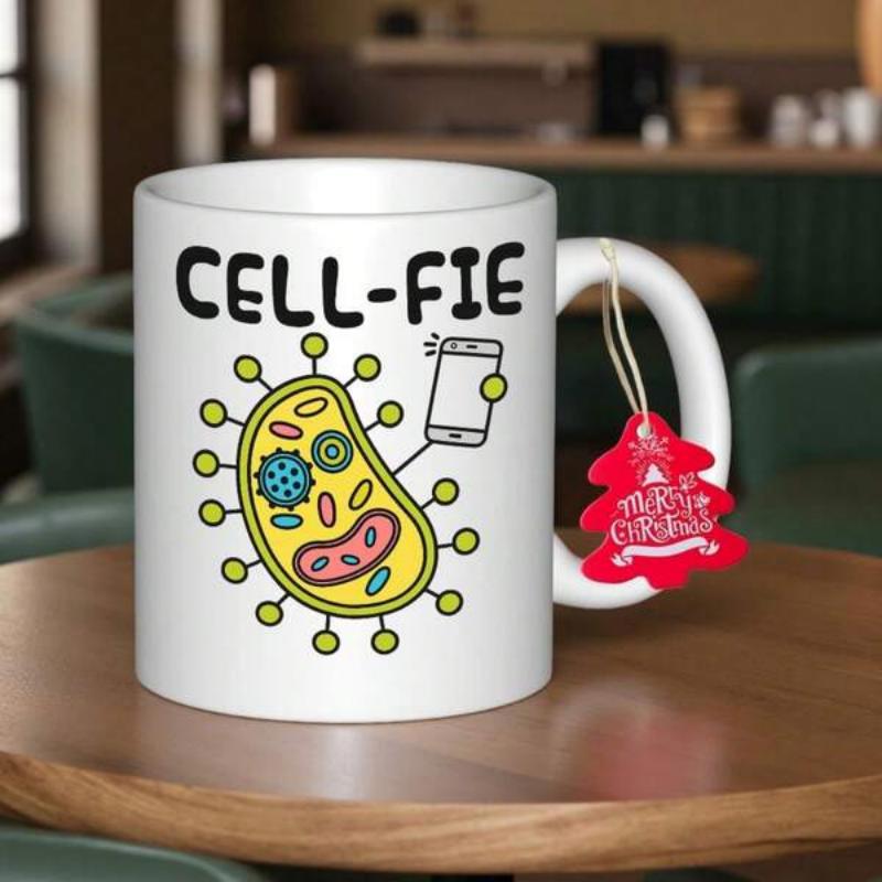 Tailorly White Ceramic 11 oz Mug - Cell Fie Vibrant Cartoon Biological Organism Taking A Photo With A Smartphone Cell