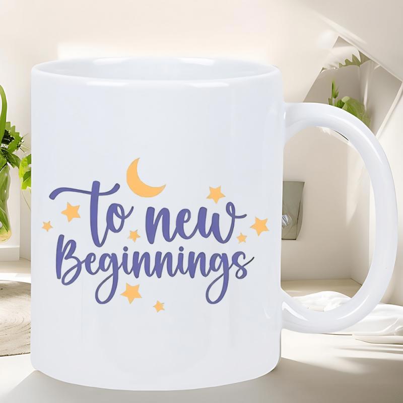 Tailorly White Ceramic 11 oz Mug - To New Beginnings Glowing Yellow Moon And Twinkling Stars On