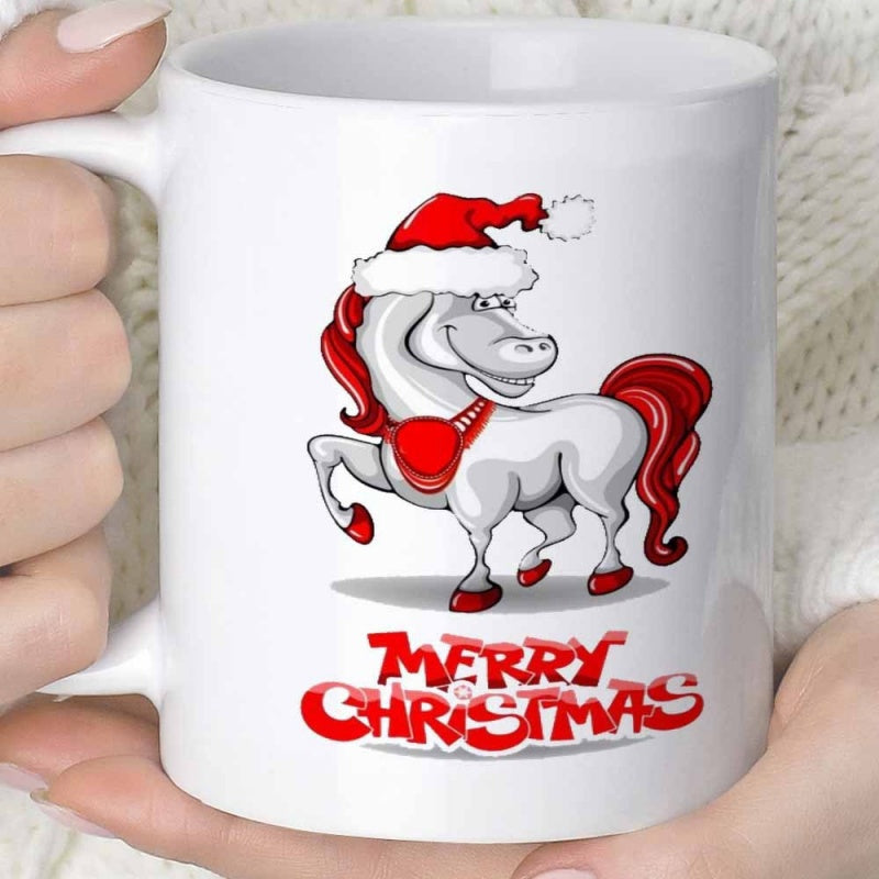 Tailorly White Ceramic 11 oz Mug - Merry Christmas Festive White Cartoon Horse Wearing Red Santa Hat Horse