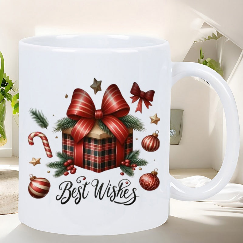 Tailorly White Ceramic 11 oz Mug - Best Wishes Red Ribbon Bow Surrounded By Festive Christmas Baubles And Pine Needles Gift Box