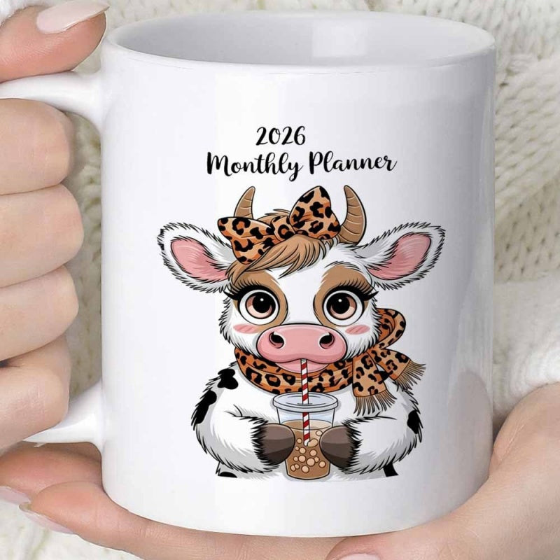 Tailorly White Ceramic 11 oz Mug - 2026 Monthly Planner Adorable Spotted Heifer Wearing Leopard Patterned Scarf And Bow Holding Boba Cow