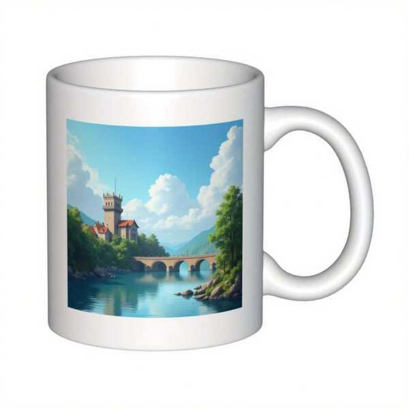 Tailorly White Ceramic 11 oz Mug - Medieval Castle Standing By A Quiet River Under Fluffy White Clouds Landscape