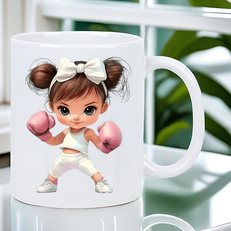 Tailorly White Ceramic 11 oz Mug - Cute Determined Little Athlete Wearing Pink Boxing Gloves And White Bow Girl