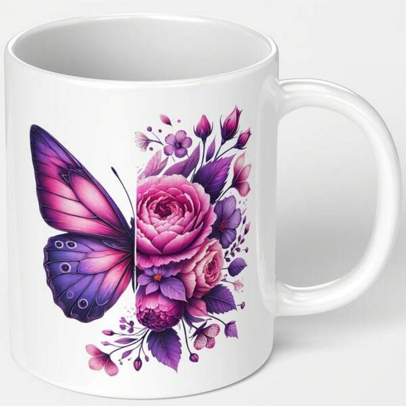 Tailorly White Ceramic 11 oz Mug - Vibrant Purple Wing Merged With Blooming Floral Rose Petals Elegant Butterfly