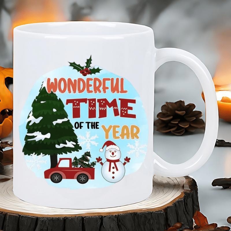 Tailorly White Ceramic 11 oz Mug - Wonderful Time Of The Year Snowy Evergreen Tree Beside A Red Vintage Truck And Happy Snowman