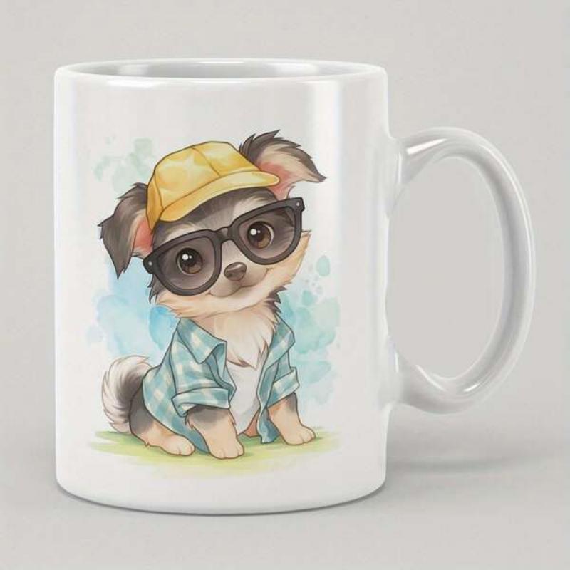 Tailorly White Ceramic 11 oz Mug - Cute Little Puppy Wearing Yellow Hat And Sunglasses In Blue Shirt Dog