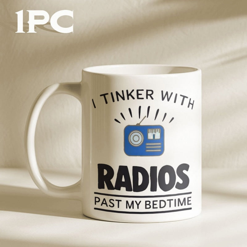 Tailorly White Ceramic 11 oz Mug - I Tinker With Radios Past My Bedtime Retro Blue Transistor Device Featuring Antenna And Sound Waves Radio