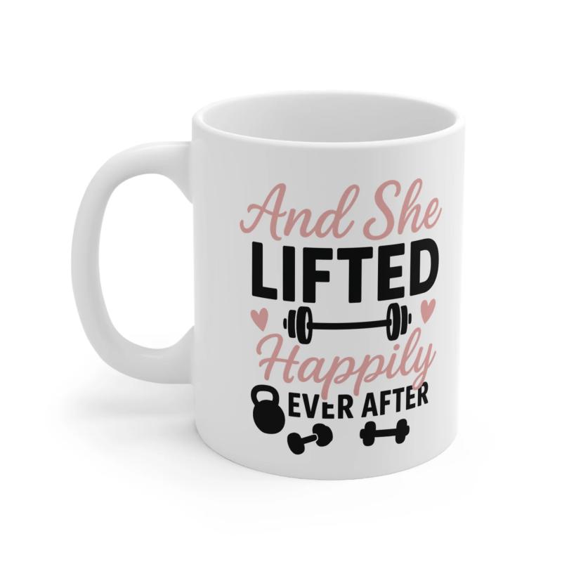 Tailorly White Ceramic 11 oz Mug - And She Lifted Happily Ever After Inspiring Fitness Typography With Pink Hearts And Black Gym Equipment Barbell