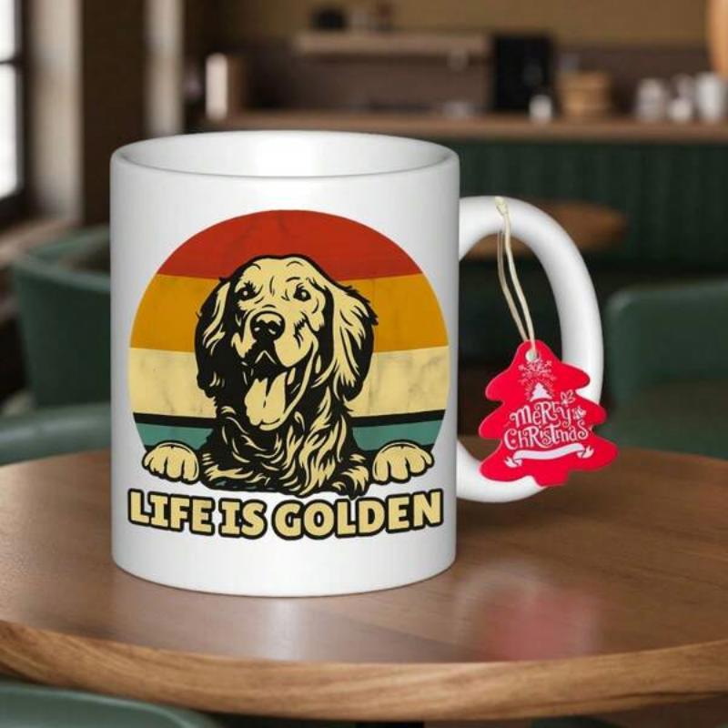 Tailorly White Ceramic 11 oz Mug - Life Is Golden Happy Smiling Dog Peeking Over A Vibrant Vintage Rainbow Sunset Golden Retriever