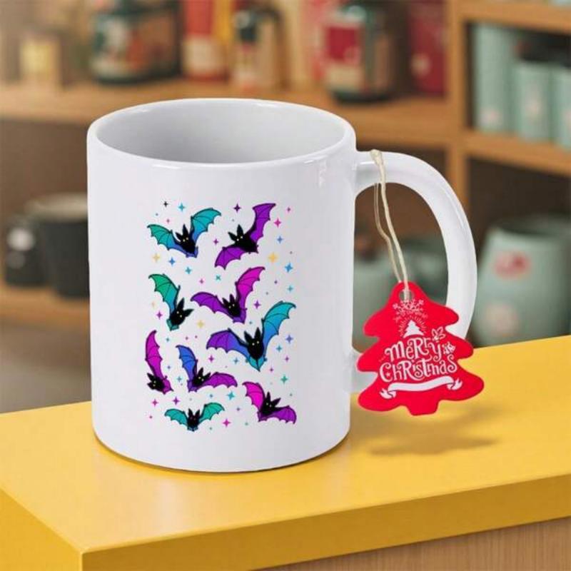 Tailorly White Ceramic 11 oz Mug - Vibrant Purple And Teal Flying Nocturnal Creatures Among Shimmering Colorful Stars Bat