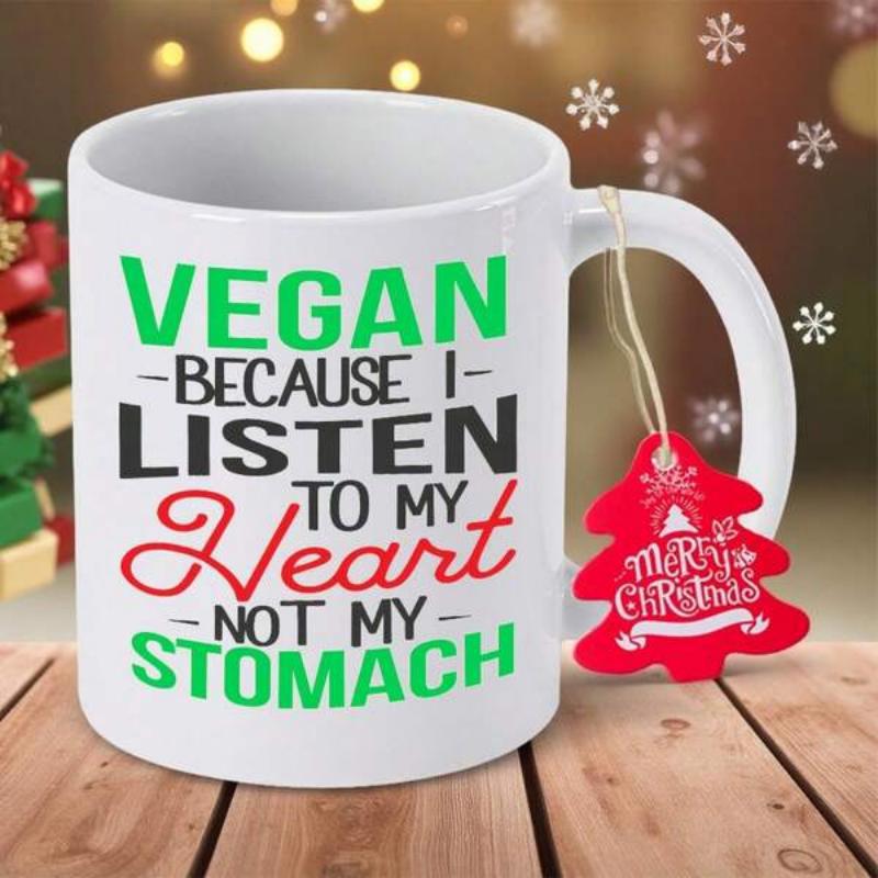 Tailorly White Ceramic 11 oz Mug - Vegan Because I Listen To My Heart Not My Stomach Minimalist Typography Design With Colorful Letters On A Smooth Ceramic Mug