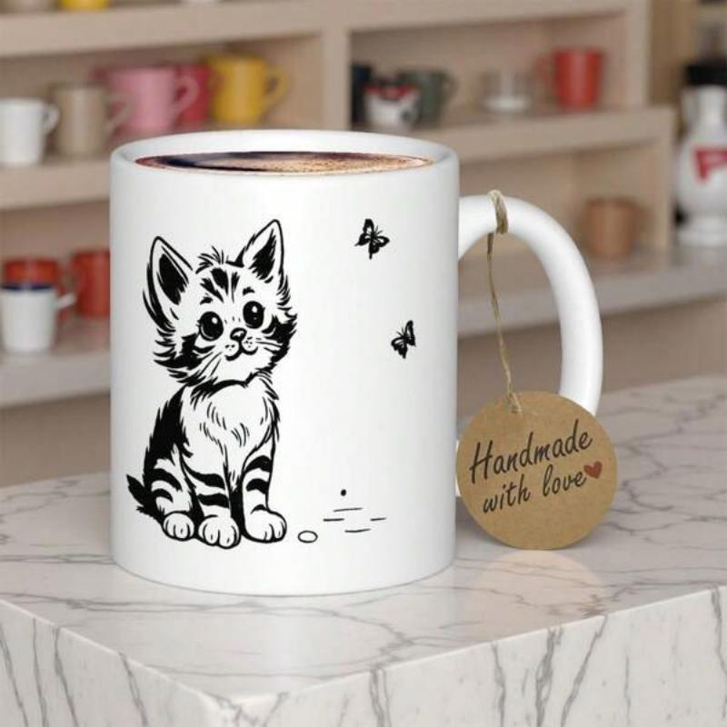 Tailorly White Ceramic 11 oz Mug - Adorable Hand Drawn Sketch Of A Playful Tabby Sitting Among Small Flying Butterflies Kitten