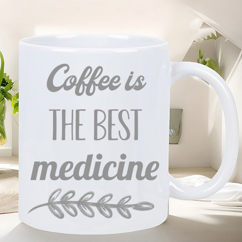 Tailorly White Ceramic 11 oz Mug - Coffee Is The Best Medicine Minimalist Artistic Leaf Branch Design Accented With Delicate Gray Tones Elegant Branch