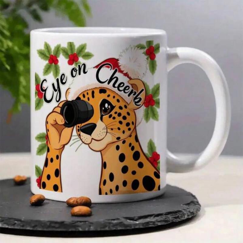 Tailorly White Ceramic 11 oz Mug - Eye On Cheer Festive Christmas Spotted Wildcat Wearing A Red Santa Hat Among Berries Leopard