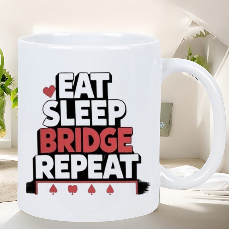 Tailorly White Ceramic 11 oz Mug - Eat Sleep Bridge Repeat Bold Shadowed Typography With Small Red Card Game Suits Icons Mug
