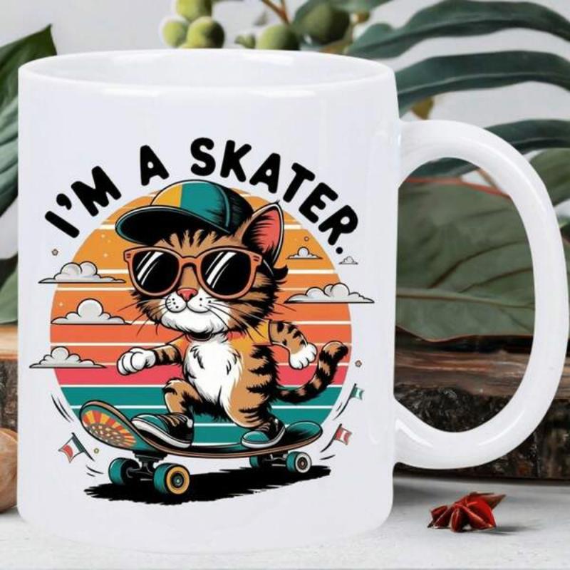 Tailorly White Ceramic 11 oz Mug - Im A Skater Cool Cartoon Tabby Wearing Sunglasses Riding Skateboard Under Retro Sunset Cat