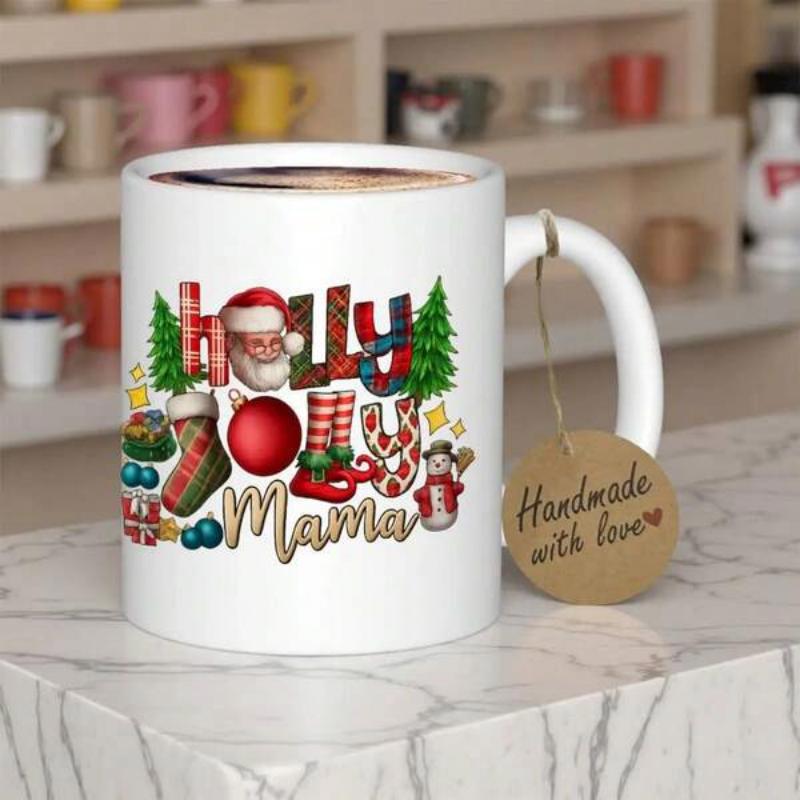 Tailorly White Ceramic 11 oz Mug - Holly Jolly Mama Jolly Santa Claus Among Pine Trees And Ornaments With Festive Snowman Mug