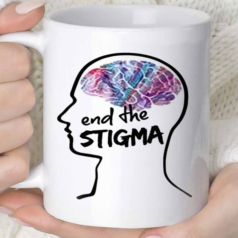 Tailorly White Ceramic 11 oz Mug - End The Stigma Artistic Minimalist Profile Featuring Vibrant Watercolor Style Brain Within Silhouette Head