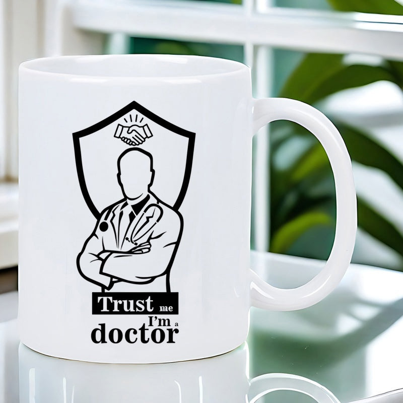 Tailorly White Ceramic 11 oz Mug - Trust Me Im A Doctor Professional Healthcare Silhouette Behind Protective Shield With Symbolic Handshake Doctor