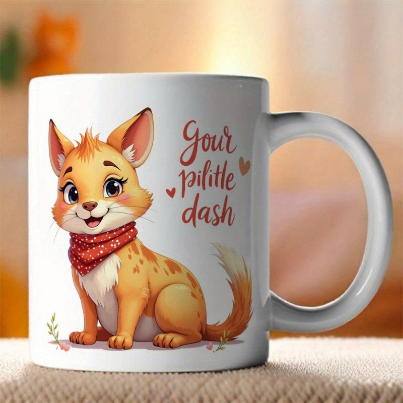 Tailorly White Ceramic 11 oz Mug - Your Little Dash Cute Sitting Orange Animal Wearing A Vibrant Red Patterned Neck Scarf Cat