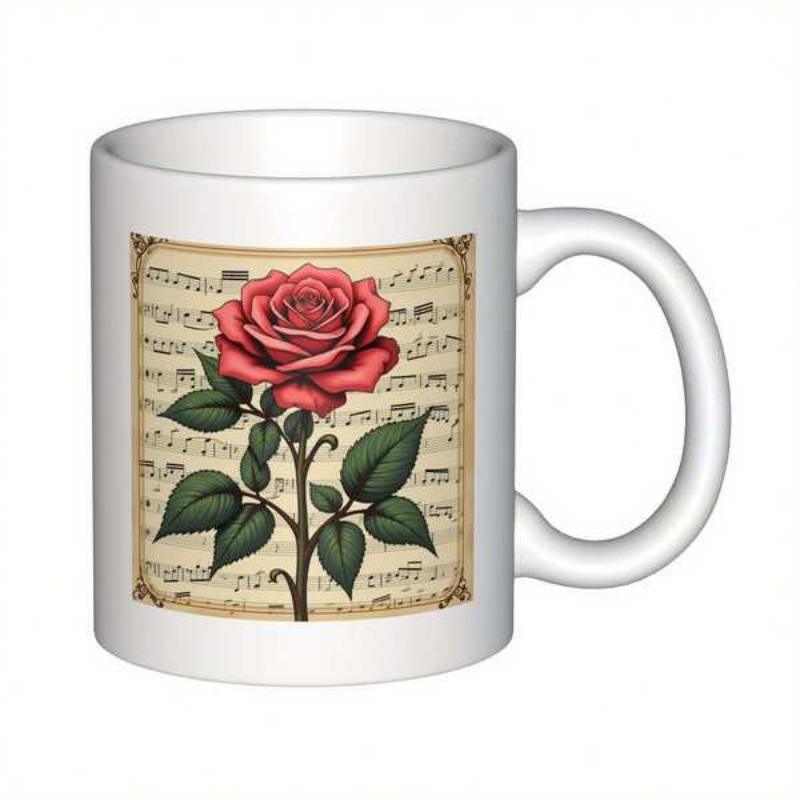 Tailorly White Ceramic 11 oz Mug - Blooming Red Flower With Green Leaves Standing Against Vintage Music Notes Rose