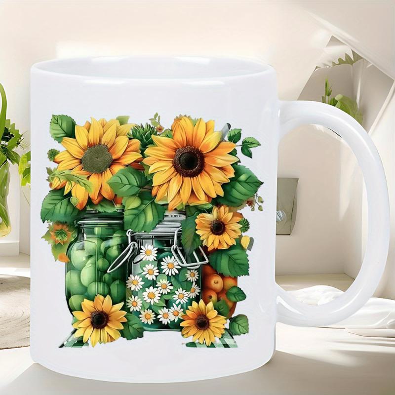 Tailorly White Ceramic 11 oz Mug - Vibrant Yellow Petals With Green Leaves And Rustic Glass Jars Sunflower