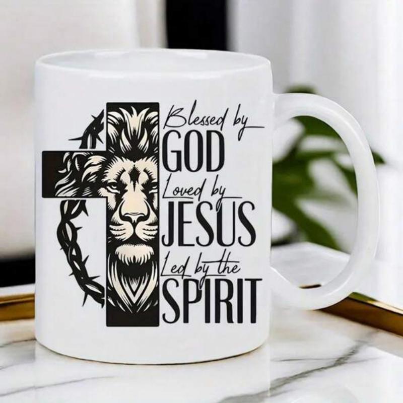 Tailorly White Ceramic 11 oz Mug - Blessed By God Loved By Jesus Led By The Spirit Majestic Lion Face Integrated Into A Sacred Religious Cross Lion