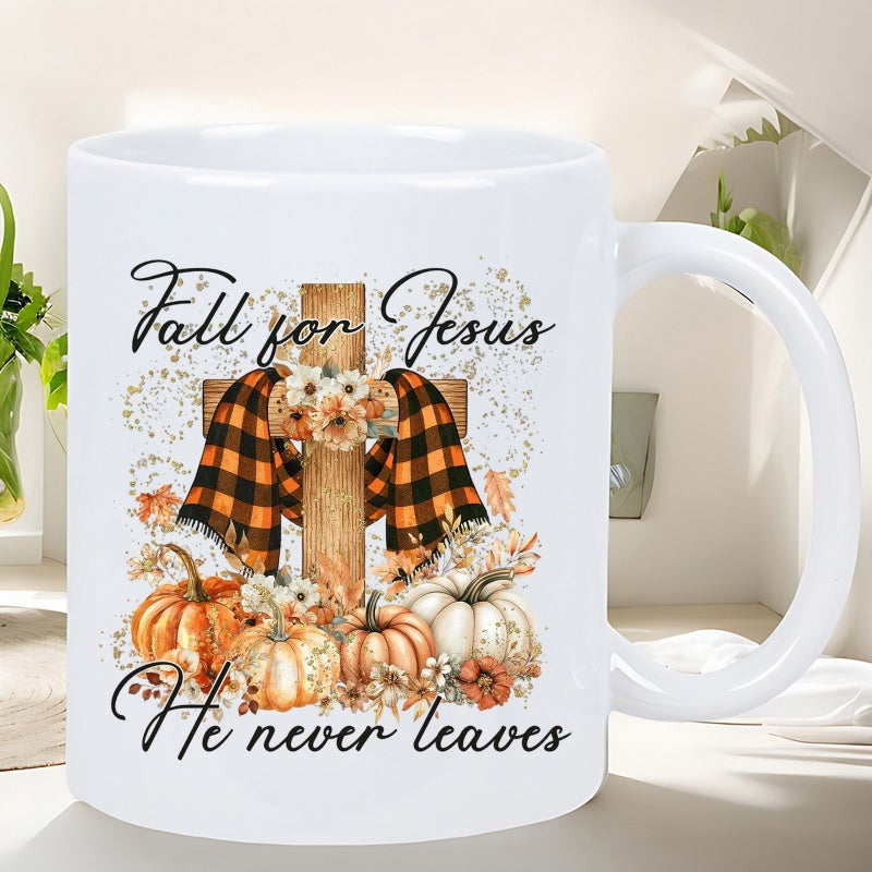 Tailorly White Ceramic 11 oz Mug - Fall For Jesus He Never Leaves Rustic Autumn Harvest Pumpkins And Patterned Cloth Cross