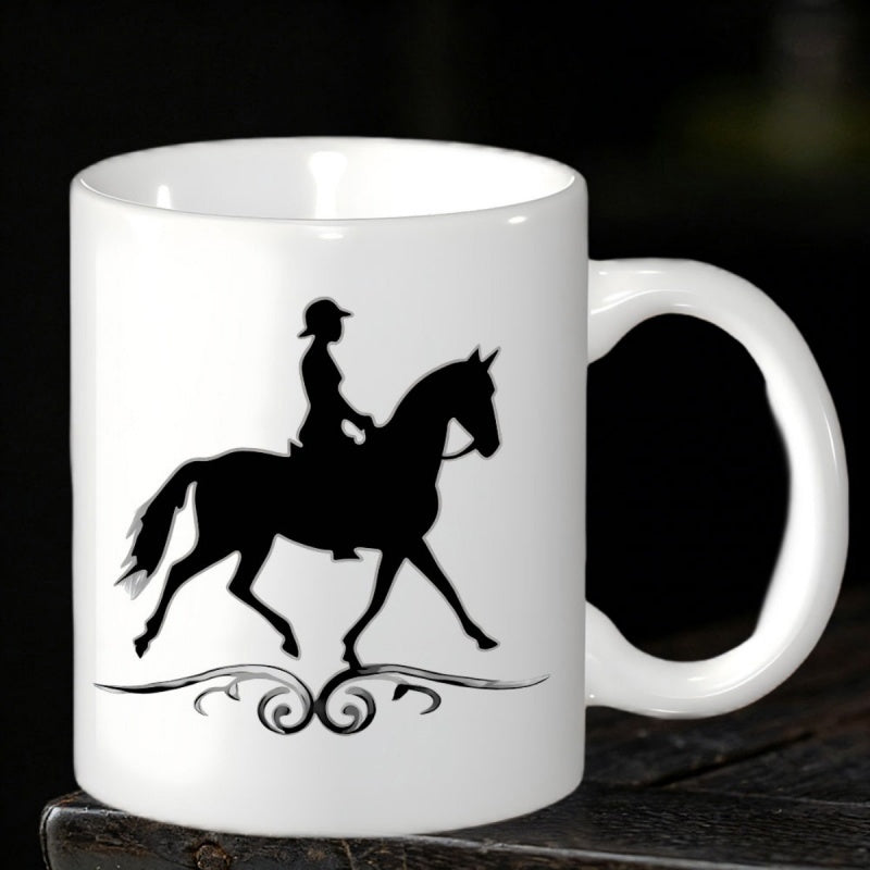 Tailorly White Ceramic 11 oz Mug - Graceful Equestrian Silhouette Riding Elegantly Over Decorative Ornate Swirl Base Horse