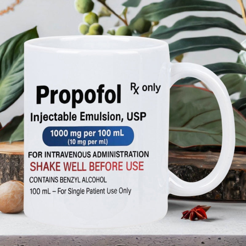 Tailorly White Ceramic 11 oz Mug - Propofol Rx Only Realistic Medical Label Featuring Bold Black And Red Text On Smooth