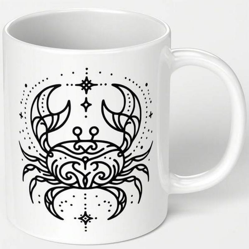 Tailorly White Ceramic 11 oz Mug - Mystical Celestial Black Line Art Design Featuring Geometric Stars Under Moonlight Crab
