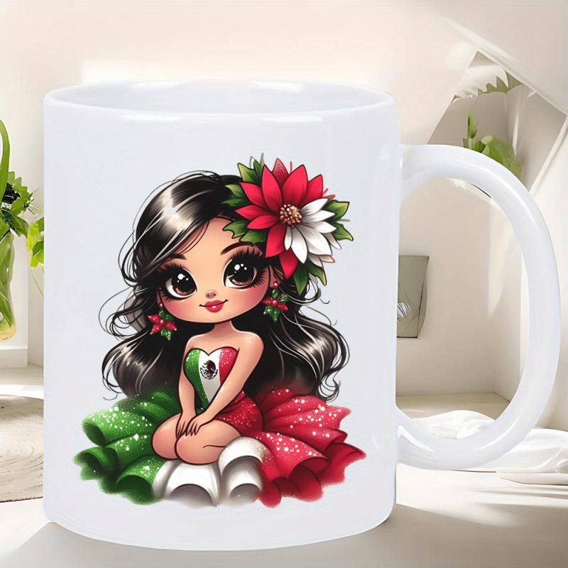Tailorly White Ceramic 11 oz Mug - Adorable Chibi Figure Wearing Vibrant Mexican Flag Inspired Ruffle Dress Girl