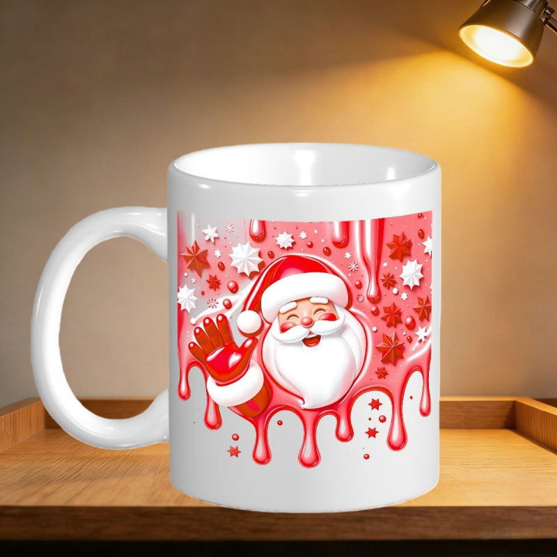 Tailorly White Ceramic 11 oz Mug - Jolly Waving Figure Amidst Red Dripping Liquid And Festive Sparkling Stars Santa