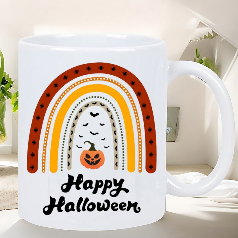 Tailorly White Ceramic 11 oz Mug - Happy Halloween Colorful Festive Autumn Rainbow With Bats And Smiling Jack O Lantern Rainbow