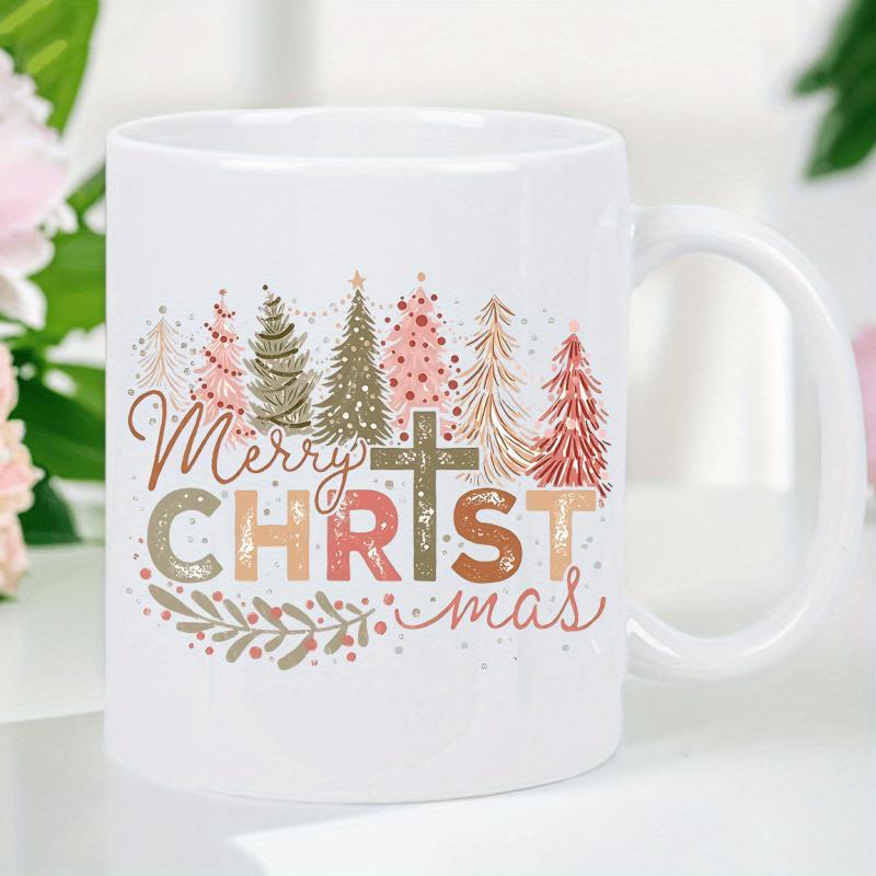 Tailorly White Ceramic 11 oz Mug - Merry Christmas Colorful Stylized Holiday Trees With Religious Cross And Decorative Winter Leaf Branches Tree