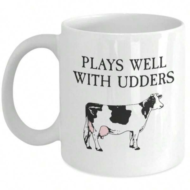 Tailorly White Ceramic 11 oz Mug - Plays Well With Udders Rustic Farmhouse Style Standing Holstein Cow With Distinct Black And White Markings Cow