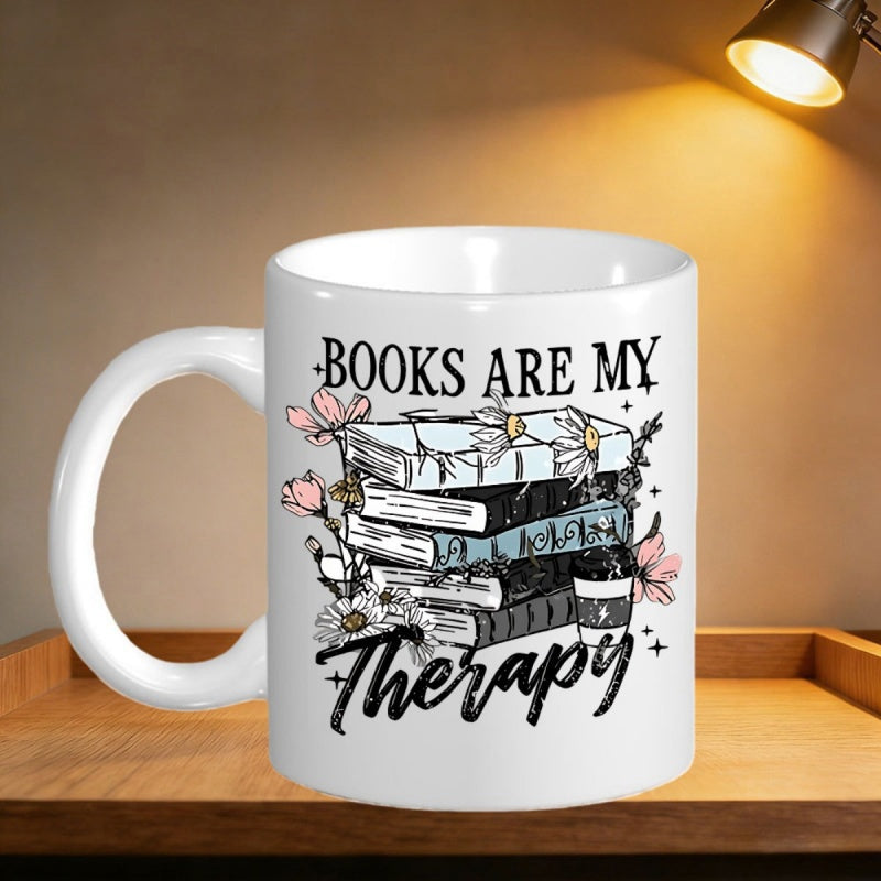 Tailorly White Ceramic 11 oz Mug - Books Are My Therapy Floral Elements Blooming From A Stack Of Vintage Literature Bound Books