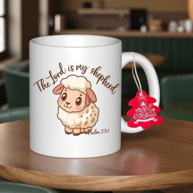 Tailorly White Ceramic 11 oz Mug - The Lord Is My Shepherd Psalm 23 1 Adorable Fluffy Cartoon Animal Standing Calmly On A Clean White Background Sheep