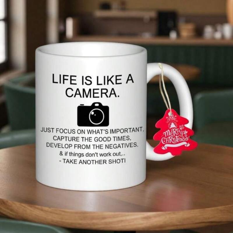 Tailorly White Ceramic 11 oz Mug - Life Is Like A Camera Minimalist Black Digital Silhouette Icon With Simple Lens View Camera