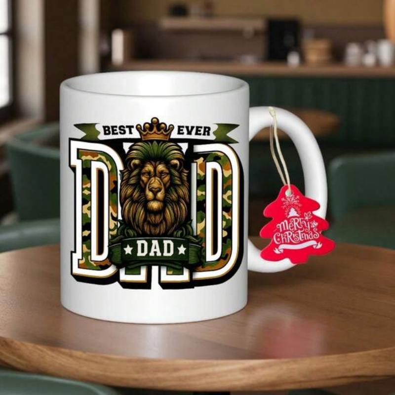 Tailorly White Ceramic 11 oz Mug - Best Ever Dad Majestic Lion With Golden Crown Among Bold Camouflage Text Lion