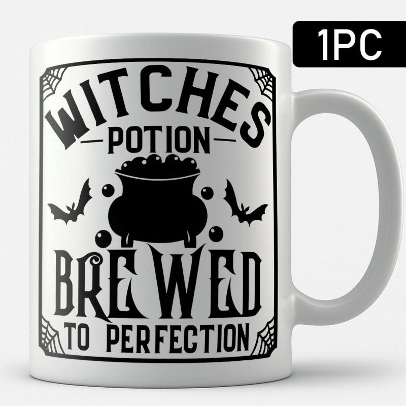 Tailorly White Ceramic 11 oz Mug - Witches Potion Brewed To Perfection Mystical Boiling Cauldron With Bats And Spider Webs In Vintage Style Cauldron