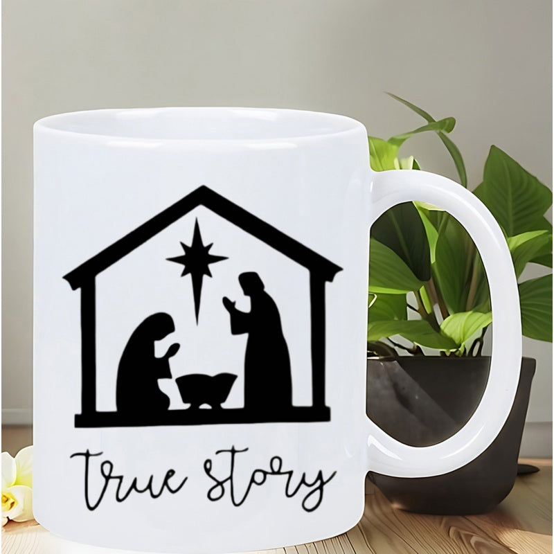 Tailorly White Ceramic 11 oz Mug - True Story Minimalist Black Silhouette Of The Holy Manger Scene Nativity