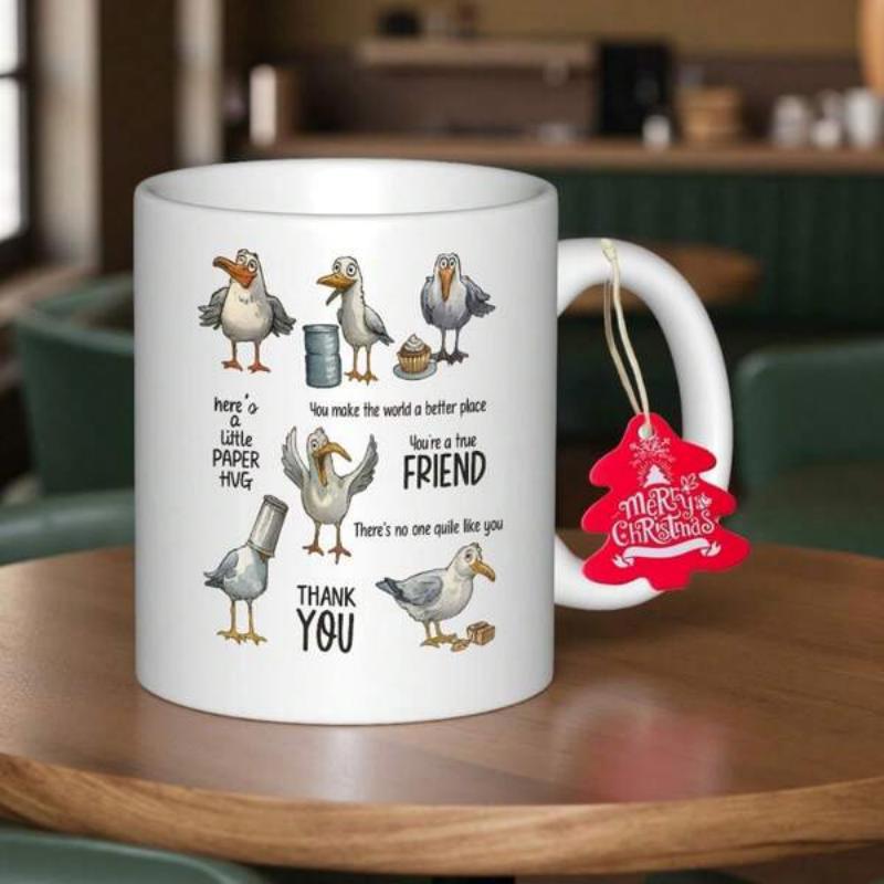 Tailorly White Ceramic 11 oz Mug - Thank You Youre A True Friend Funny Cartoon Birds With Humorous Expressions Standing In Various Poses Seagull