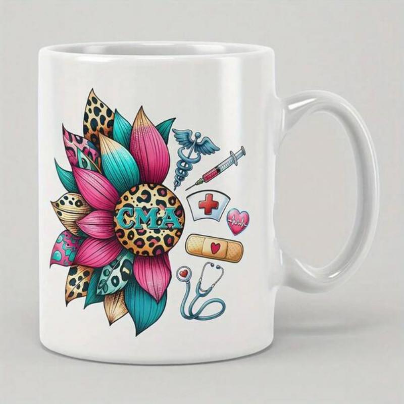 Tailorly White Ceramic 11 oz Mug - CMA Vibrant Colorful Petals With Leopard Pattern And Various Healthcare Tools Flower