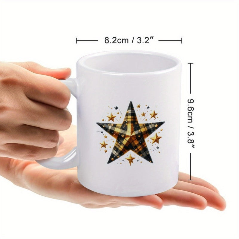Tailorly White Ceramic 11 oz Mug - Plaid Tartan Pattern Surrounded By Golden Shimmering Twinkling Festive Stars Star