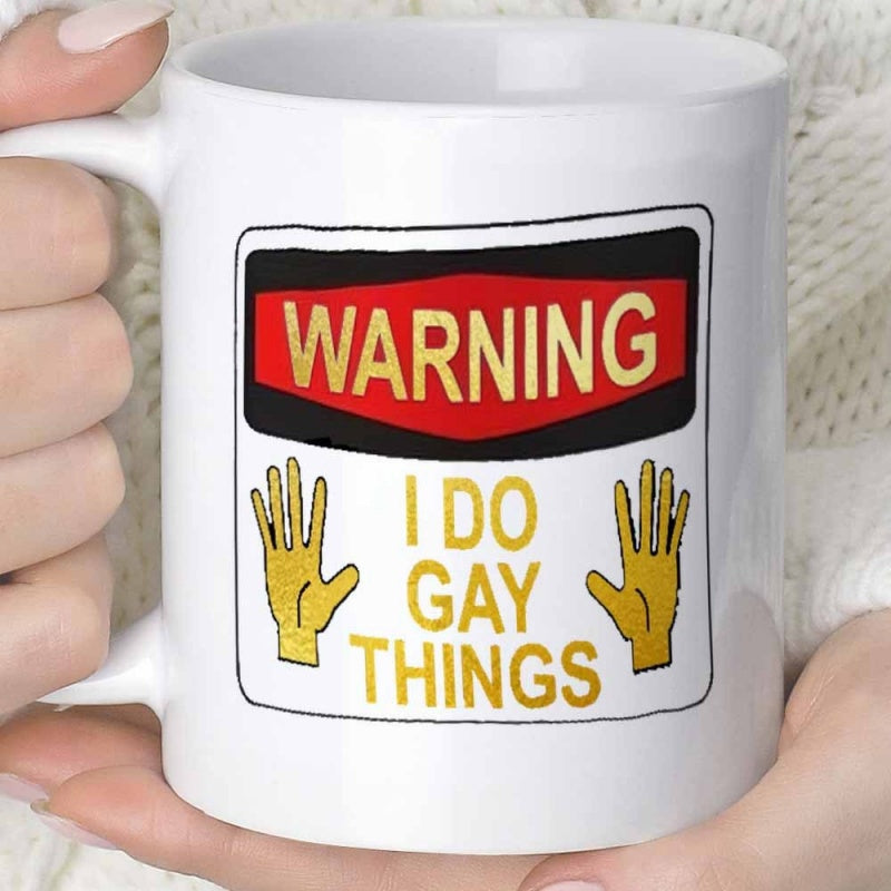 Tailorly White Ceramic 11 oz Mug - Warning I Do Gay Things Vibrant Red And Yellow Humorous Warning Label Hand Sign